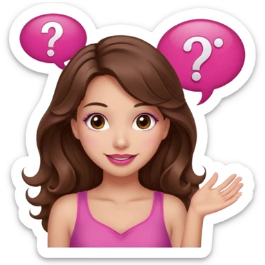 girl with long wavy brown hair, brown eyes, long lashes makeup, sexy pink lips, light to medium complexion, wearing a pink sexy top, shugging, question mark one speech bubble sticker