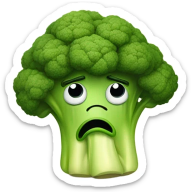 A sad broccoli with downcast eyes and a trembling lip looks upset, as if saying goodbye. sticker