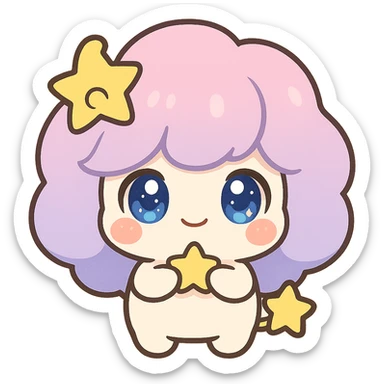 Stella Puff (星星噗噗) in kawaii chibi style, front view, holding a tiny star, big sparkling blue-violet eyes, puffy pastel pink-purple gradient hair with a yellow star swirl, creamy white round body, coral pink blush, short arms and legs, golden star tail, clean lines, transparent background sticker