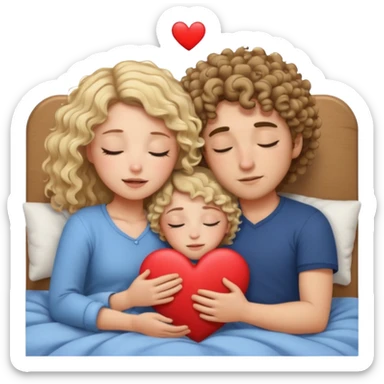 cuddling in bed, asleep. wavy haired blonde girl. curly haired brunette man. eyes closed. heart between them. no headboard sticker