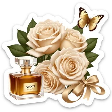 A bouquet of white Ascott tea roses next to a beige aesthetic and a brown beautiful butterfly and a gold silk ribbon and a beautiful flacon of aesthetically pleasing vintage-style perfume in pearl color sticker