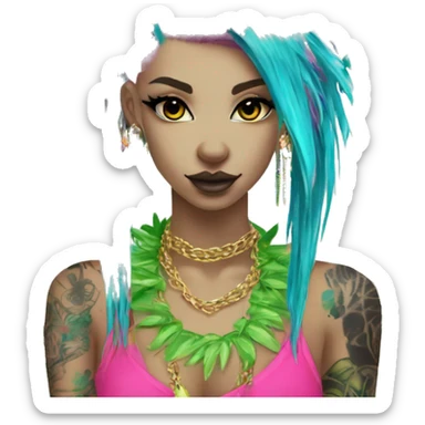 Punk tropical palm leaves flowers Chinese crested dog neon rainbow cyan blue lime green pink hair gold chain punk piercings tattoos punk ear piercings sticker