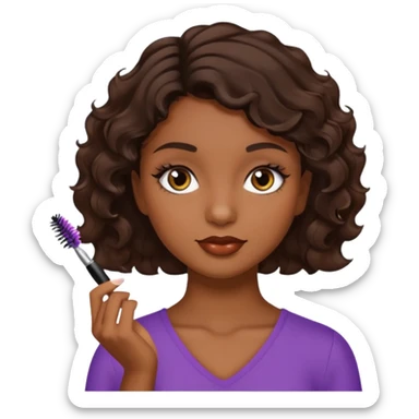 Garota parda de cabelos ondulados castanhos escuros curto aplicando máscara de cílios sticker