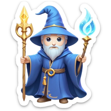 Clash of Clans aesthetic: Cinematic Playful Wizard Hero Emoji, rendered in a 3D vector-style similar to standard emojis with minimal shading and bold, simplified shapes. A compact, isometric figure draped in flowing enchanted robes and wielding a mystical staff, softly glowing with an arcane magical charm. Simplified yet unmistakably iconic, highly detailed and consistent, glowing with a soft radiant glow and high shine. Stylized with a touch of whimsical sorcery and a soft glowing outline, capturing the essence of a powerful wizard ready to cast spells with a friendly, playful spirit! sticker
