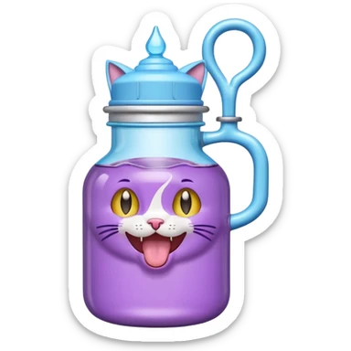 Smiling bottle of oil light purple top and light blue sticking tongue out and with cat ears sticker