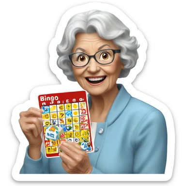 Create a 3d hyper realistic photo of a senior woman holding a bingo card sticker