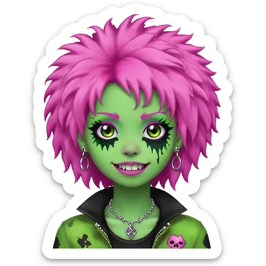 girl, green zombie,pink afro, long, emo, shaggy, dark, spooky,double eyebrow dermal piercing, cute illuminous smile sticker