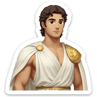 Cinematic Realistic Hercules Portrait, depicted as a classical Greek statue with a robust, muscular build and perfectly chiseled features. His bronze, sun-kissed skin has a timeless, marble-like quality, and his thick, wavy dark hair frames a face exuding determination and quiet nobility. Draped in a flowing white robe with subtle golden accents, the portrait is rendered under dynamic natural lighting that highlights every sculpted detail and evokes the majesty of ancient myth. sticker