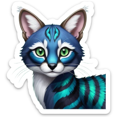 Colorful dark tropical cobalt-blue, black, white fur, with green eyes, iridescent glorious divine exotic cute cool beautiful shiny beautiful fantasy-caracal-civet-genet-sergal-vernid-Cacomistle-Furret-civet-oncilla-animal-Fakémon-hybrid-fursona with pattern markings (full body) sticker