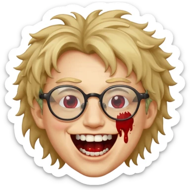 Cabelo bagunçado com oculos sorrindo com metade do rosto com dente de ouro e saindo sangue da boca  sticker