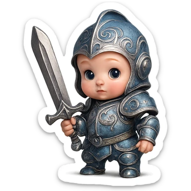 cute baby in ornate blue and silver armor, holding a big sword, styled as a miniature heroic knight sticker