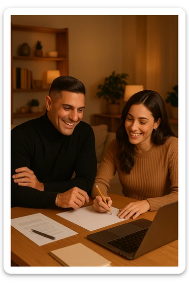 a man and woman work together on a project at home, with the man offering guidance and the woman actively participating and contributing ideas. Their expressions show teamwork and satisfaction, highlighting the benefits of collaboration and shared leadership. The setting is warm and inviting. sticker