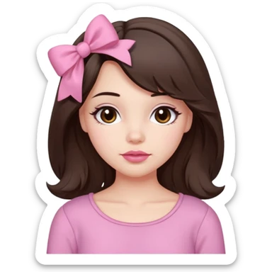 A cute slightly plump, fair-skinned girl with loose, slightly wavy, layered shoulder-length hair, dark brown eyes, and light pink lips. She wears coquette pink clothes, a small pink bow, and slightly rosy cheeks. sticker