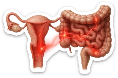 utero umano anatomico iperrealistico e intestino umano anatomico iperrealistico hanno in comune il dolore e l'infiammazione, rendi bene il collegamento tra i due organi doloranti sticker