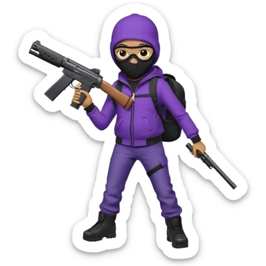 YN wearing a ski mask, holding a gun, purple jeans, Sprayground bookbag, confident stance sticker