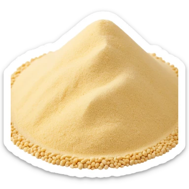 small mound of dry semolina, pale yellow to warm ivory color, fine sandy texture, dry matte surface, a few scattered granules around the base, slightly coarse or extra-fine, soft-looking and natural, clean minimal 3D-rendered style, no faces or container, transparent background, emoji scale sticker