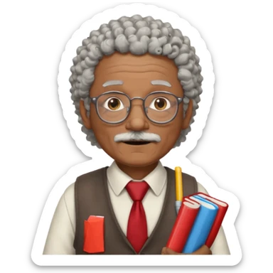 old man teacher, brown skin, curly grey white hai, wearing glasses, brown vest, red tie hold chalk on hand sticker