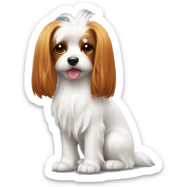 a small Maltese lapdog with long ears and a tail on its head and a red-haired girl with long hair sticker