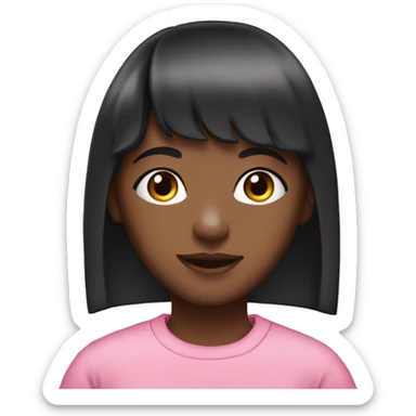 a young girl with dark brown skin, with straight black hair and bangs, wearing a pink sweatshirt. sticker