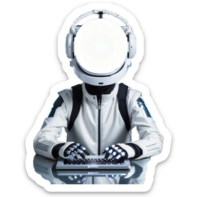 futuristic tech boy wearing a sleek robot helmet with a glowing white circle light in the center, sitting in front of an advanced high-tech laptop, neon-lit cyberpunk room with holographic displays and gadgets, focused posture, soft reflections on helmet, mysterious atmosphere sticker