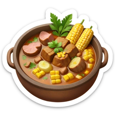 Cinematic Realistic Sancocho Antioqueño Emoji, depicting a hearty Colombian stew brimming with tender cuts of meat, yuca, plantains, corn on the cob, and potatoes in a rich, flavorful broth. Served in a rustic clay bowl with fresh cilantro and lime on the side, rendered with warm, inviting textures and homely, comforting lighting. sticker