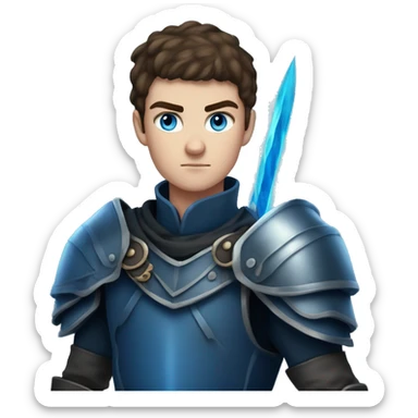 a 6'5" 19 years old Irish, teenage boy with slightly dark short hair. He wields a dark blue flaming sword, and wears a blue armor. He has blue eyes. He is very serious & strong  sticker
