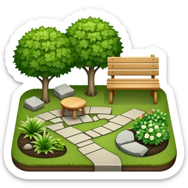 Icon for Landscape Design: a garden layout with trees, plants, pathways, and outdoor furniture, along with design tools like a ruler, pencil and sketchpad. The icon should represent the creativity and planning behind landscape design. Transparent background. sticker