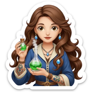moon alchemist woman long wavy brown hair tattoos holding small potion sticker