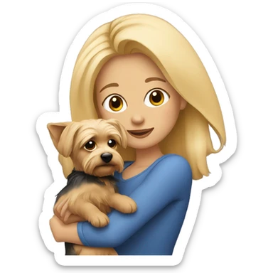 A blonde woman with her Yorkie cuddling sticker
