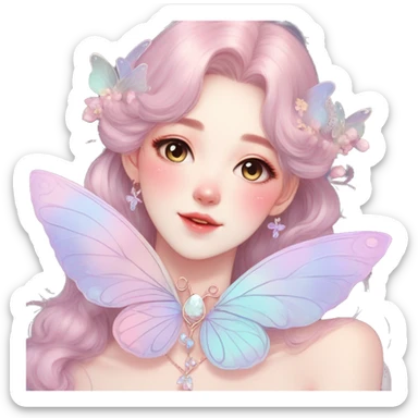 Gorgeous pastel anime style lady with blushing face and butterfly wings necklace cottagecore fairycore pastelcore colorful pearly romantic simplistic aesthetic trending style sticker