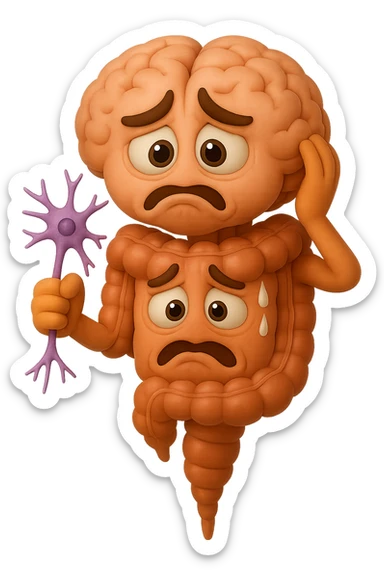 EMOJI STILE IPHONE DI UN INTESTINO collegato verticalmente ad un cervello mentre tiene in mano un neurone, espressione stressata, IPERREALISTICO 4K sticker