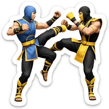 An icon showing two fighters in combat poses, inspired by Mortal Kombat. One character delivers a powerful kick, while the other blocks. The background features an iconic arena from the game with life bars at the top, symbolizing intense battles. Transparent background. sticker