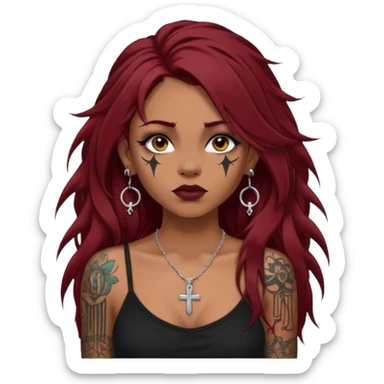 generate an ios genmoji of a dusky girl with long dark red messy hair with eyeliner on her eyes. septum piercing, wearing a cami black top, has tattoos, on shoulders. ear piercings. wearing a cross silver necklace. 


no tattoos on face sticker