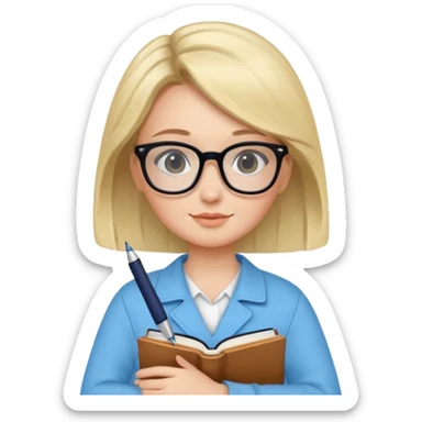 cute girl, glass, smart, Sky-blue colored clothing,
holding a book in one arm and a pen in the other hand.Holding a pen in the right hand as if teaching.Wearing black glasses, with a smart and bright-looking face. sticker