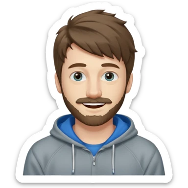 25 year old man, short scruffy beard and thin moustache, brown puffy mullet, blue eyes, big smile, white teeth, big lips, pronounced jaw, hair longer in back, sticking up on top, thin face, grey hooded sweatshirt, pale skin, big smile, blue eyes, puffy hair sticker