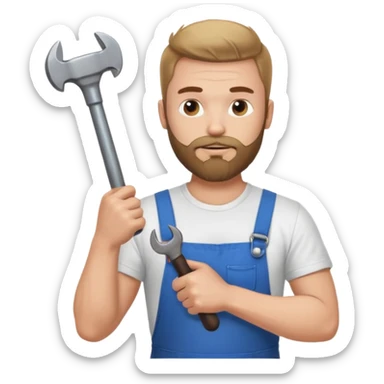  guy who looks very handsome, he has a beard, wears a white tee shirt and holds a wrench in one hand and a black hammer in the other  sticker