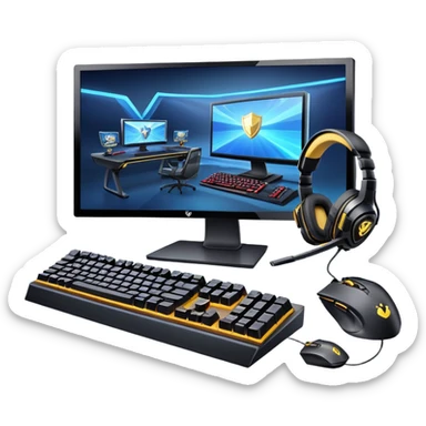 An icon featuring a gaming setup with a high-tech monitor displaying a competitive game, a keyboard, and a gaming mouse. The design includes a headset and a trophy, symbolizing victory and skill in esports. Transparent background highlights the energy and precision of professional gaming. sticker
