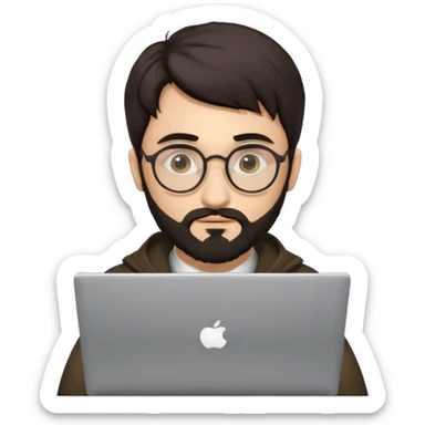 23 year old Azerbaijani man with very dark brown hair and beard with glasses and laptop , light yellow skin face, not European, glasses like a harry potter sticker