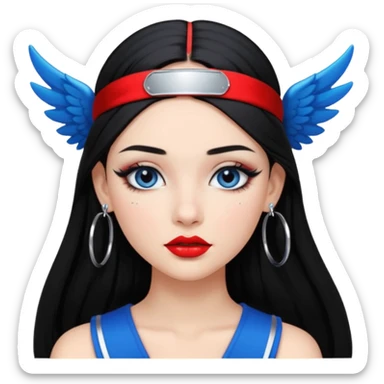 Girl with Black long straight hair with headband black one that puts hair pushed back winged eyeliner both upoer and lower line blue eyeshadow silver hoops  sticker