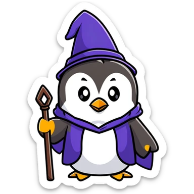 penguin with wizard hat and robe, holding a magic staff, magical sticker