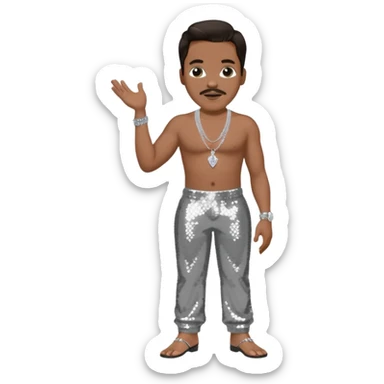 Charlie Wilson with dark brown hair, silver sequin baggy pants, shirtless with necklace sticker