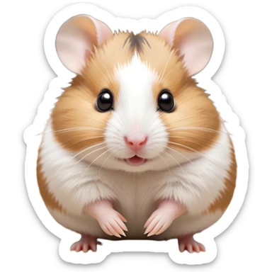 Cinematic Cute Brown and White Banded Hamster Portrait Emoji, Head tilted playfully and inquisitively, showcasing a fluffy fur with playful brown and white banded patterns, round, sparkling dark eyes filled with curiosity, Simplified yet irresistibly adorable features, highly detailed, glowing with a warm, friendly glow, high shine, affectionate and lively, stylized with a touch of whimsy, bright and endearing, soft glowing outline, capturing the essence of a mischievous yet loving hamster, so playful it feels like it could dash out of the screen and into your arms! sticker