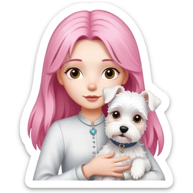 Girl with long pink hair holding a white schnauzer dog sticker