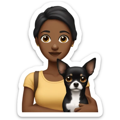 An African American with dark skin and straightened black hair holding a black and brown chihuahua  sticker