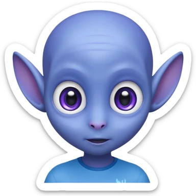 Portrait of an cute alien with smooth purple-blue skin, small antennae, large black oval eyes, small nose, and visible ears, elongated head, front-facing, wearing blue t-shirt, soft glow, simple futuristic design sticker