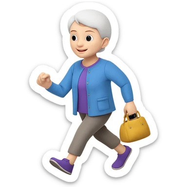 Change the walking pose of the elderly woman with short hair to a brisk walk. Keep the emoji style look in mind while editing. sticker