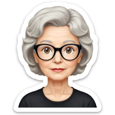 white older woman, about 65 years old, light warm skin, wide face, black wavy neck-length 80s short hair, low volume, neutral expression, large black shiny butterfly or cat-eye glasses, white casual t-shirt sticker