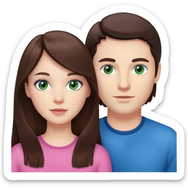 pink polaroid photo of a couple thats white with long brunette hair blue eyes and a white guy with short brunette hair and green eyes sticker