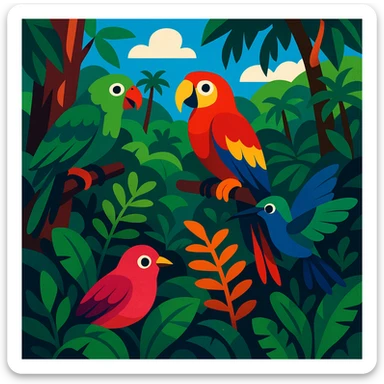 El Yunque rain forest scene with colorful birds and dense foliage in vibrant toon style sticker