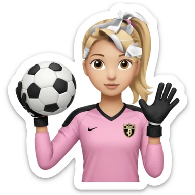 Make a dirty blonde football goalkeeper with goalkeeper gloves on holding a regular  The girl is light skinned and wearing a light pink football. Wearing a ponytail with the dirty blonde. Make it without the whole body. With full sleeves. WITHOUT A RUGBY BALL JUST REGULAR BLACK AND WHITE BALL sticker